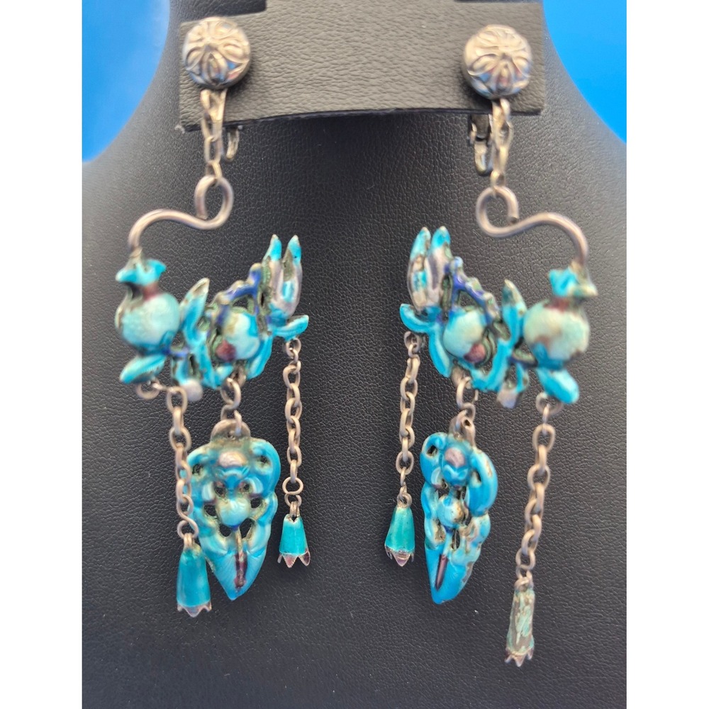 Vintage Chandelier Clip On Earrings Blue Enamel Floral Bird Tassel Dangle Drop
